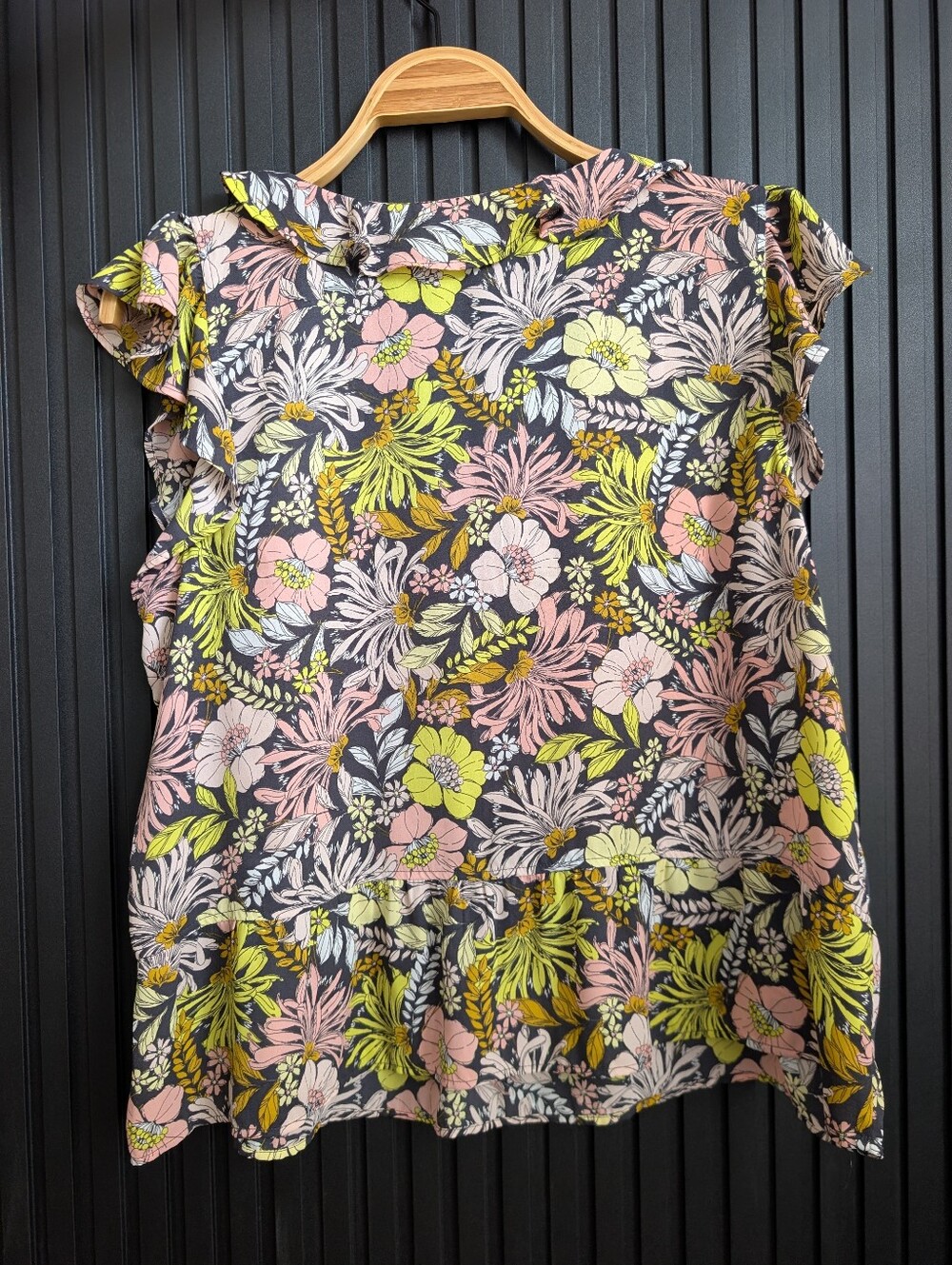 LOFT Floral Ruffle Sleeve Blouse in Black, Pink & Lime - Picture 3 of 12